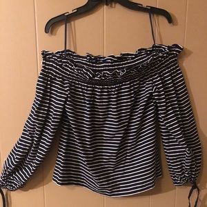 Off the shoulder navy and white shirt